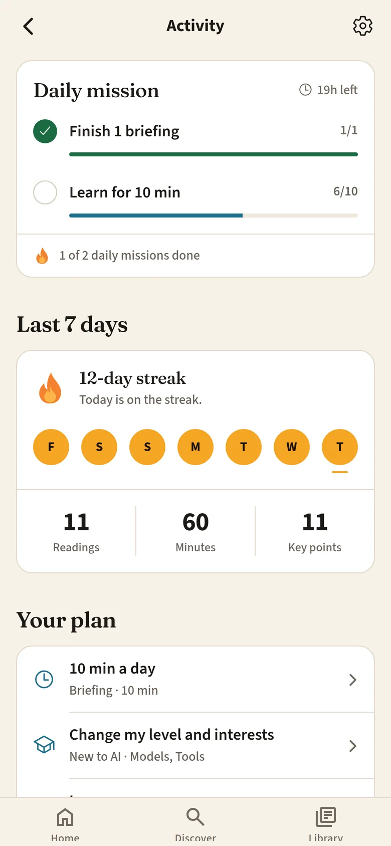 Activity in AILA: a 12-day streak, daily missions, and a 10-minute plan.