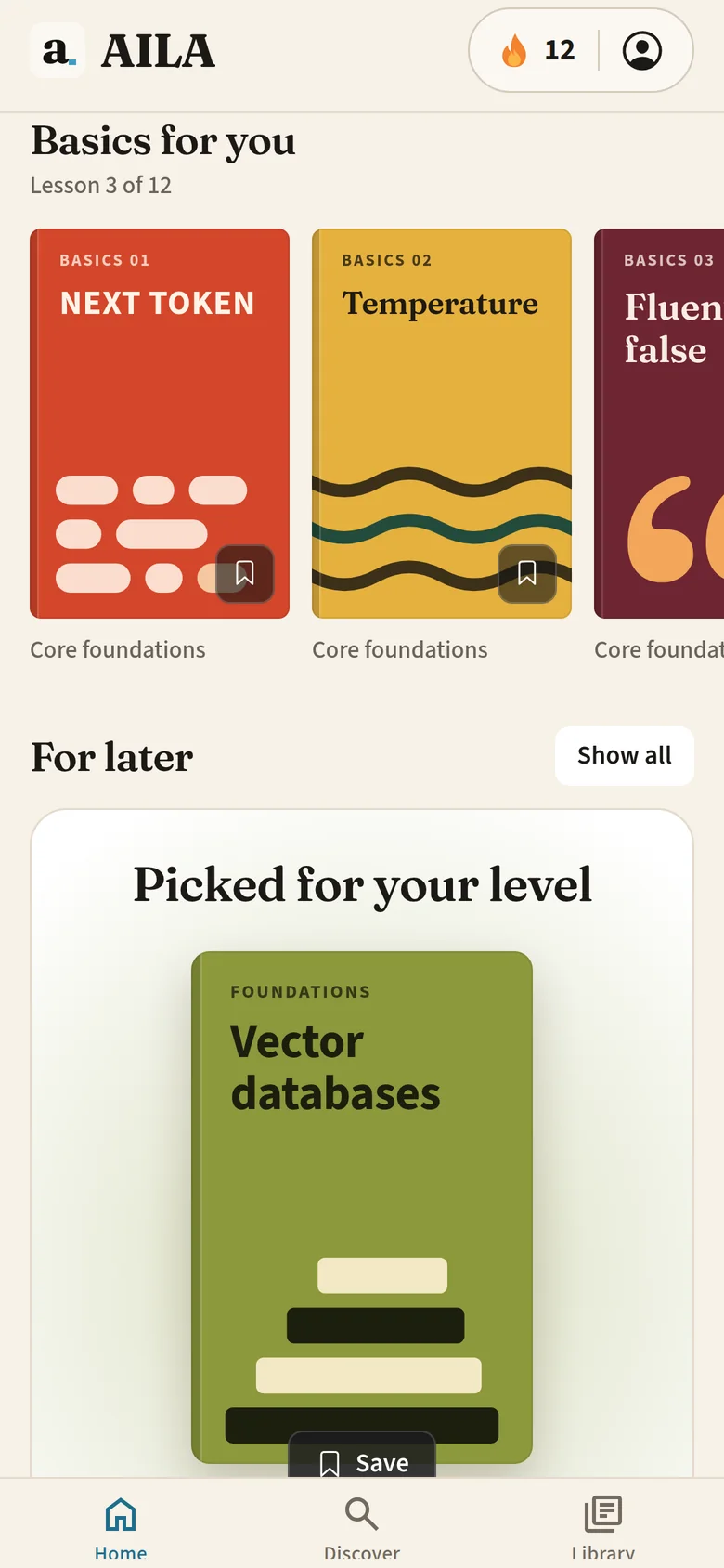 Placeholder for the onboarding questions: lesson cards in AILA, including the next token.