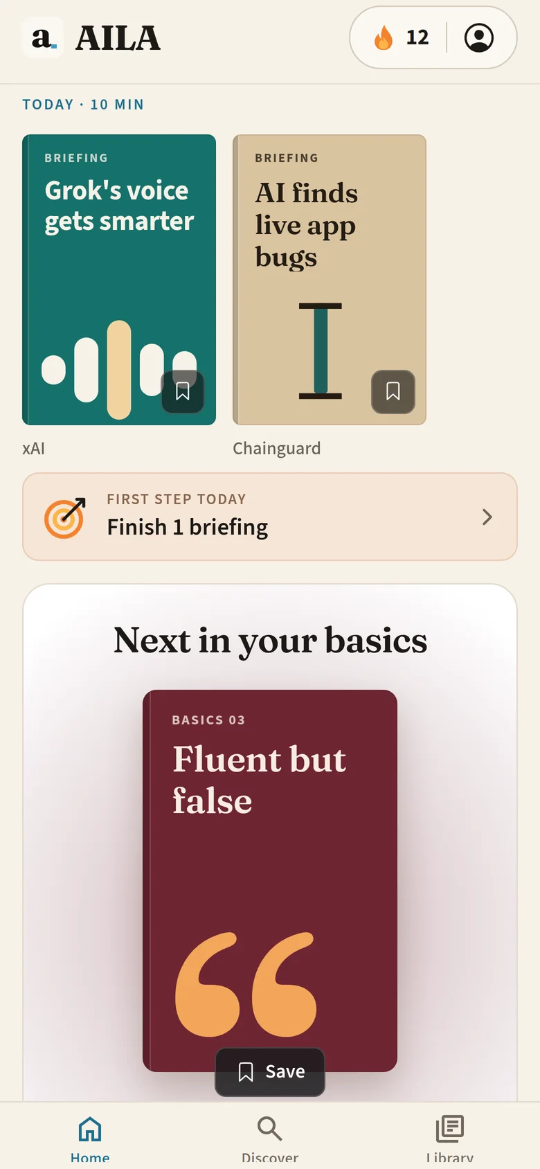 AILA home with briefing covers and the next basics lesson, Fluent but false.